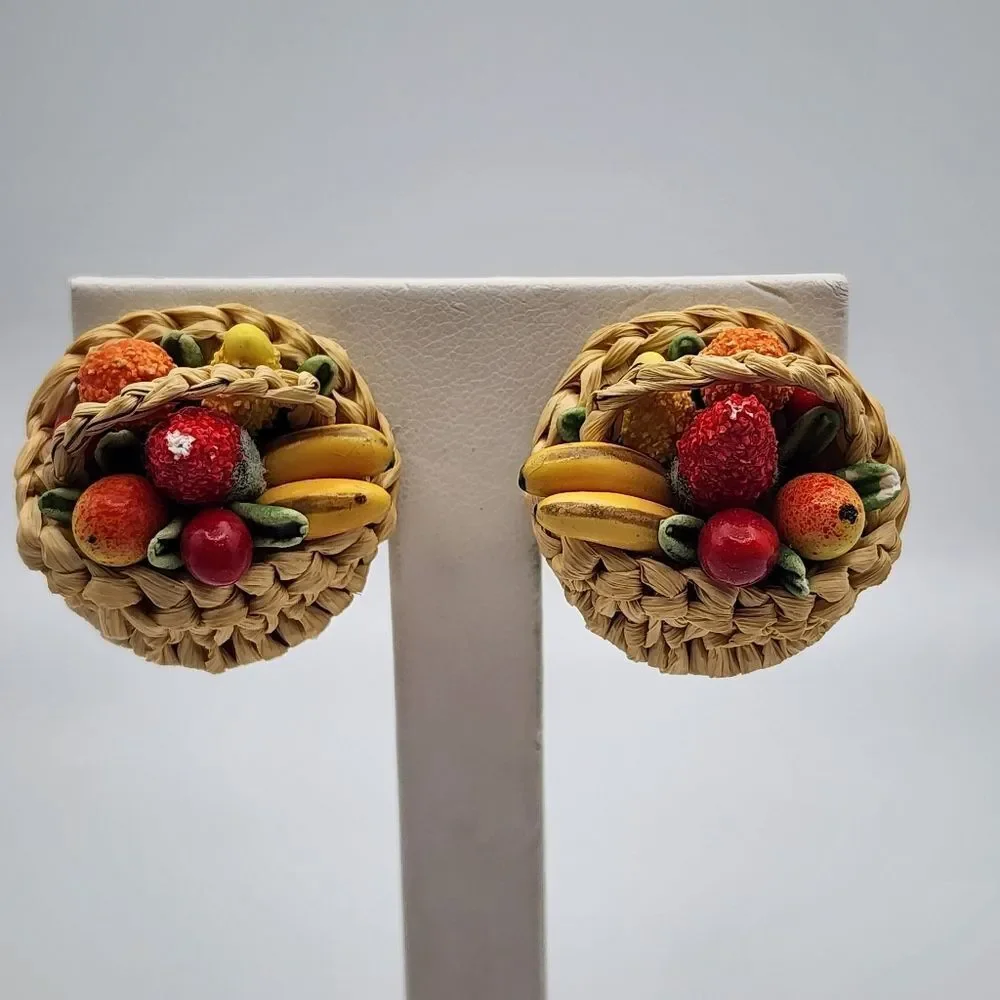 Vintage Western Germany Fruit Basket Clip-On Earrings